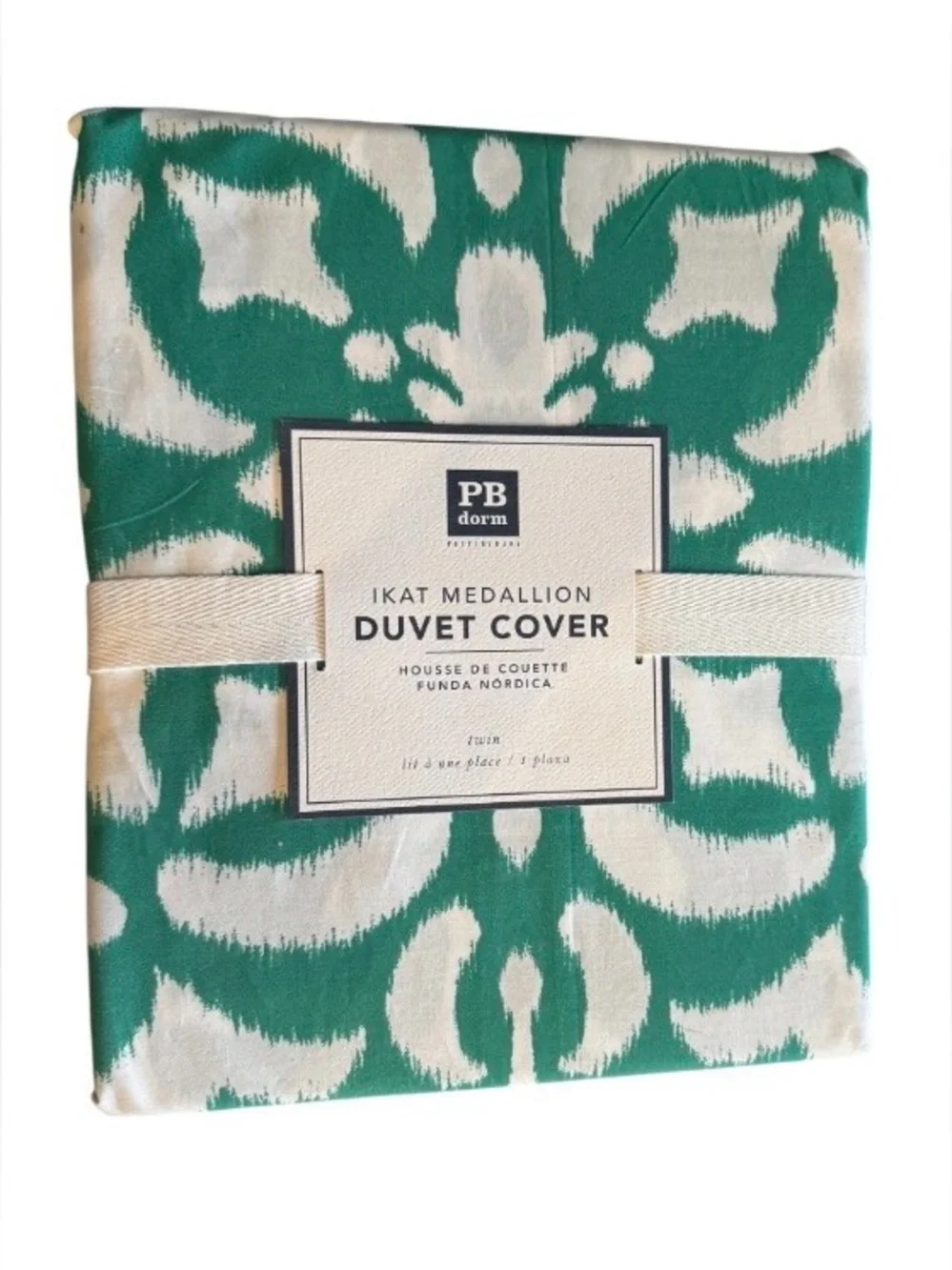 NWT Pottery Barn twin size Ikat Medallion Duvet Cover green white Boho